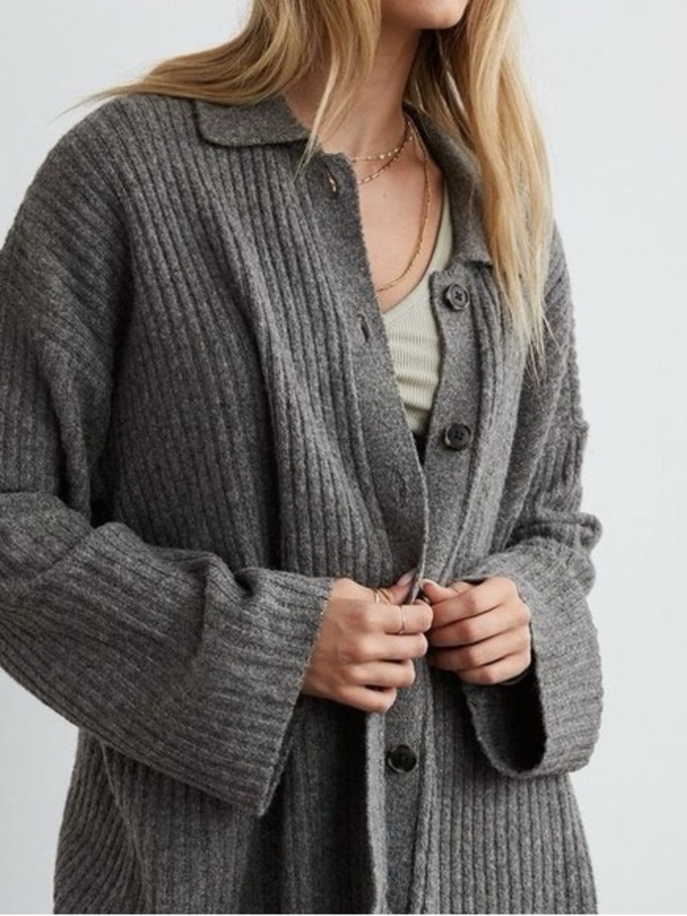 American Eagle Cozy Ribbed Button-Front Cardigan Sweater - Gray
